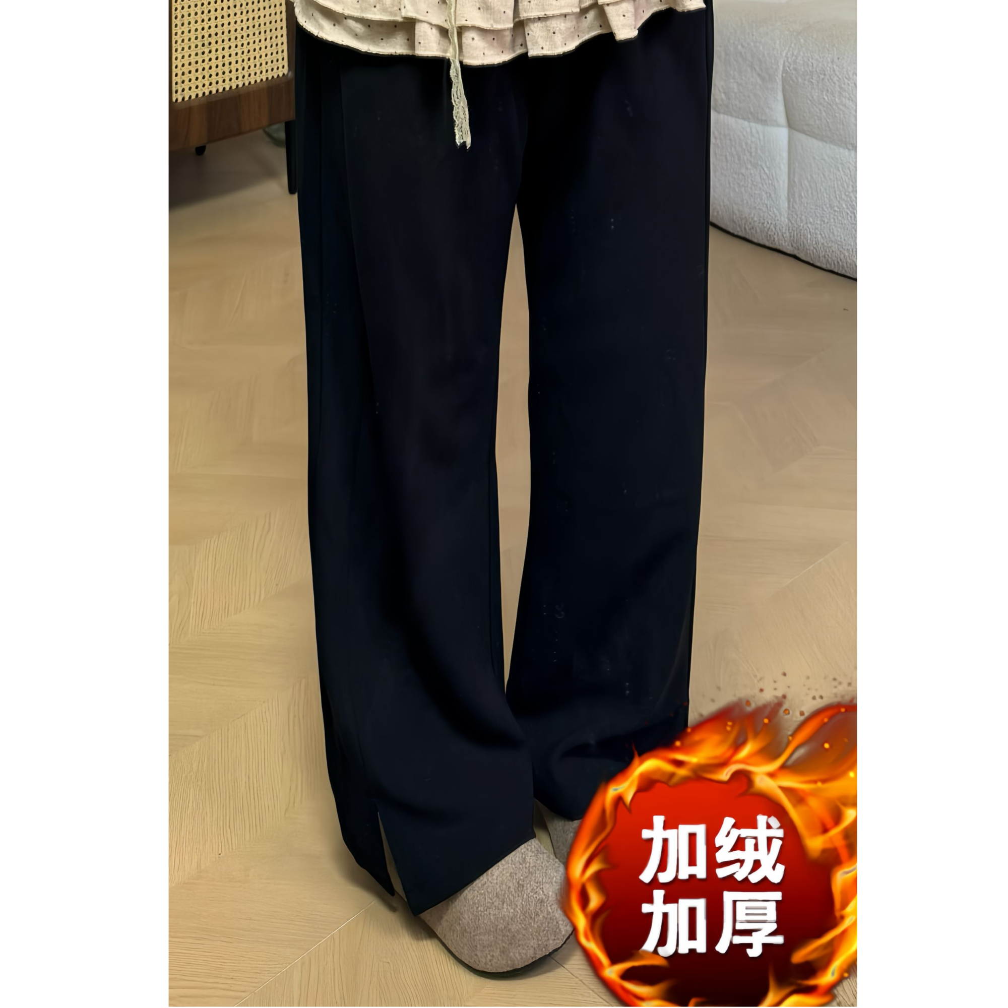 秋冬加绒韩版松紧高腰宽松大码女装微胖显瘦遮肉直筒裤脚开叉长裤