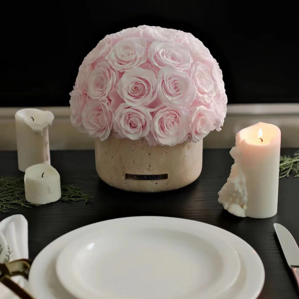 MINOAN HOMEY 圆底黄洞石玫瑰永生花桌花摆件