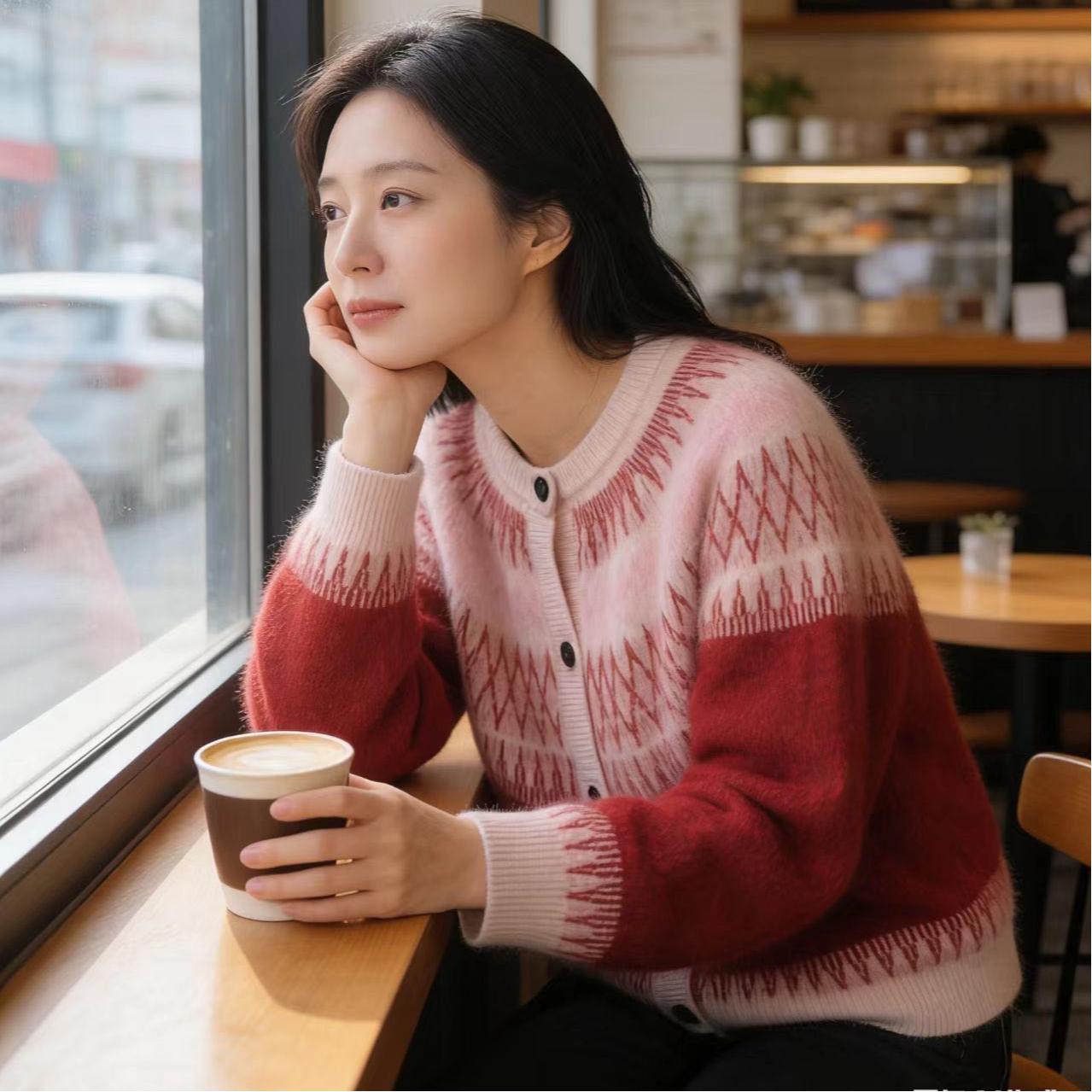 秋冬北欧风费尔岛撞色圣诞红羊毛拉绒宽松毛衣开衫外套女