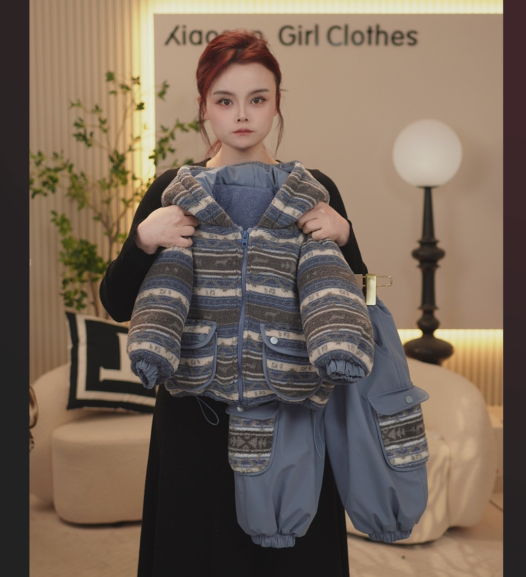 儿童套装2025冬季新款加绒加棉保暖棉服男女宝宝连帽条纹保暖套装