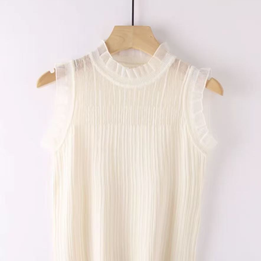 【百搭神器】法式无袖花边领背心精纺羊毛半高领内搭西装蕾丝针织衫