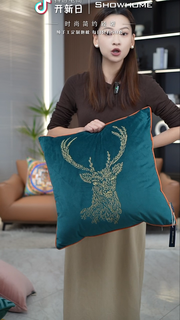  刺绣麋鹿蓝绿色50X50带芯