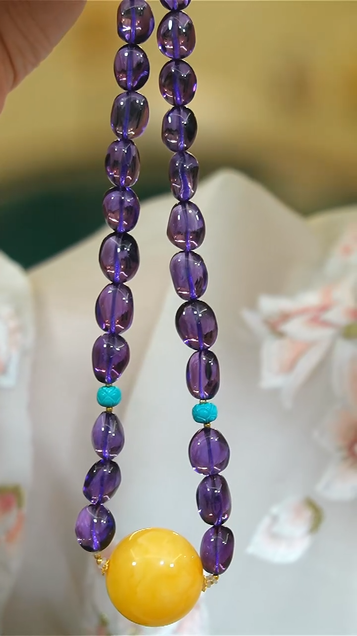 【闪购商品】紫晶项链18K金镶嵌紫晶随型蜜蜡圆珠18k项链