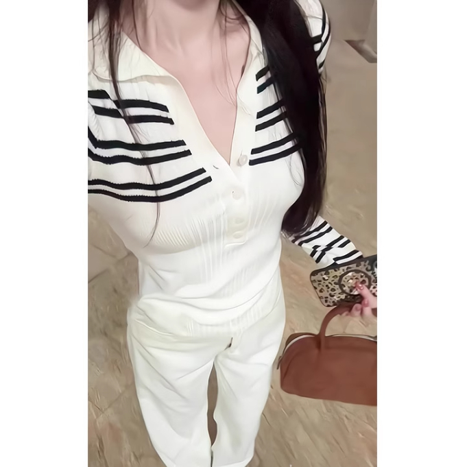 【现货】黑白条纹v领长袖女秋季修身高级感气质polo领短款内搭上衣
