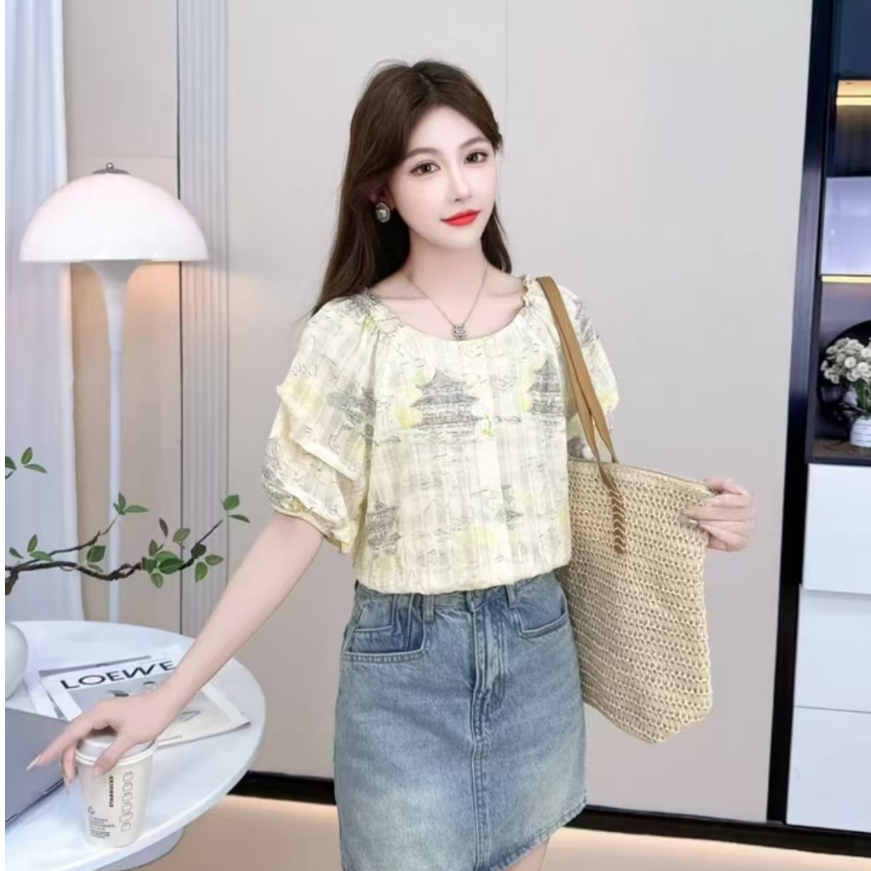 2519#（衣长58）露肩一字衬衫女夏季2025新款上衣