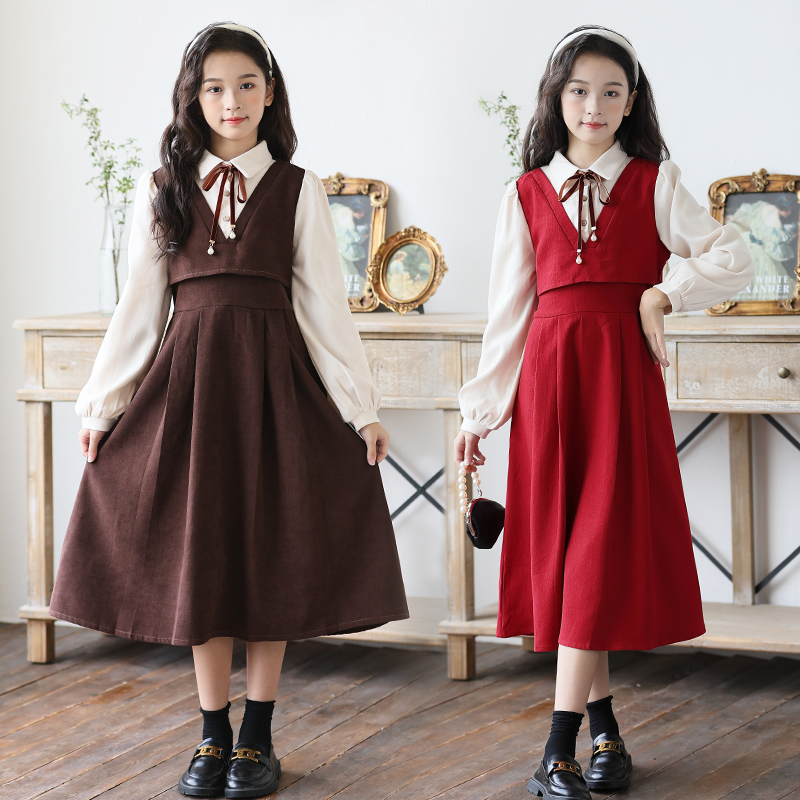 女童秋冬款连衣裙2025新款中大童长袖收腰裙子女孩假两件简约长裙
