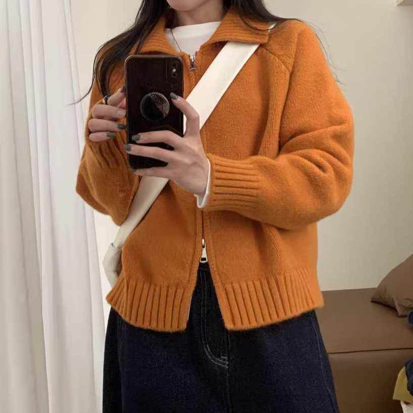 2025慵懒风毛衣外套女秋冬新款韩系简约宽松立领拉链针织开衫上衣