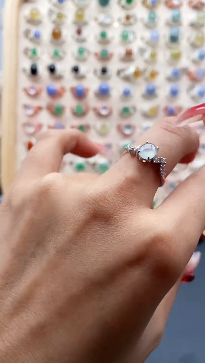 【闪购商品】翡翠戒指银S925镶嵌缅甸天然A货翡翠222 1+5