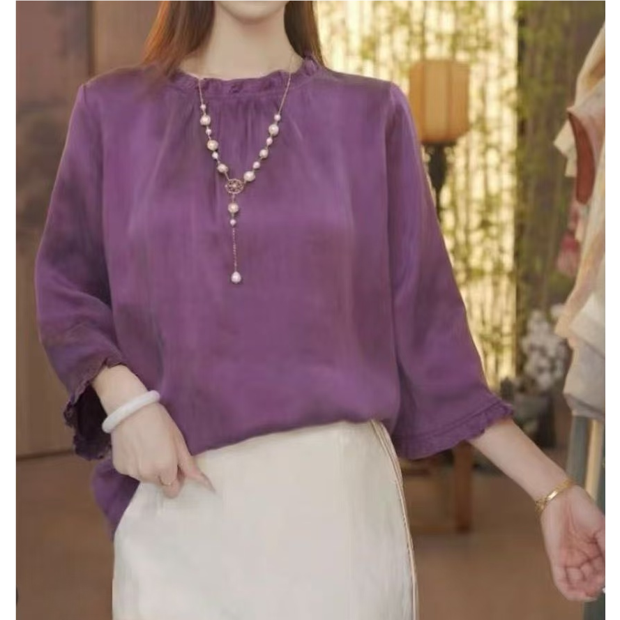 【722】新中式纯色长袖上衣木耳须领时尚百搭宽松套头中国风女