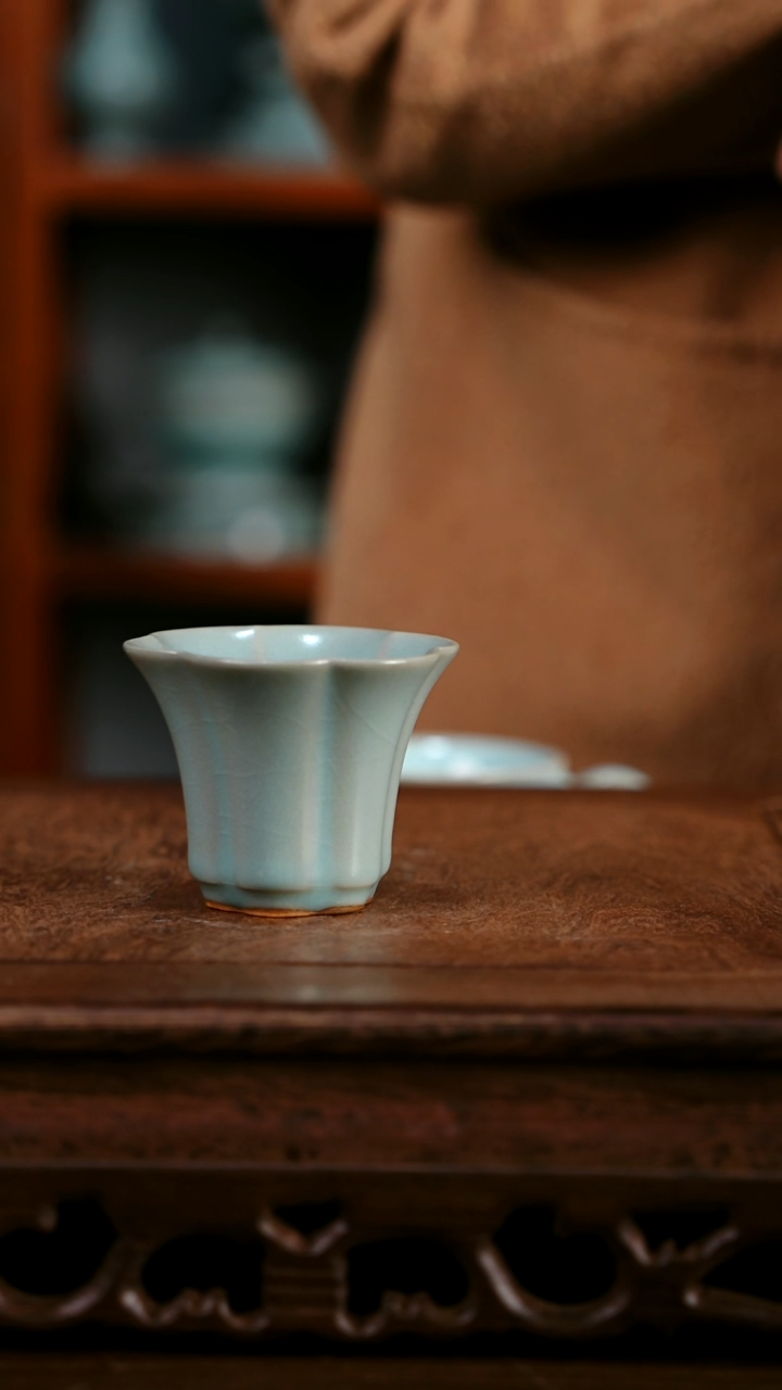 杯子陶 青霁汝窑仿古釉  花口杯