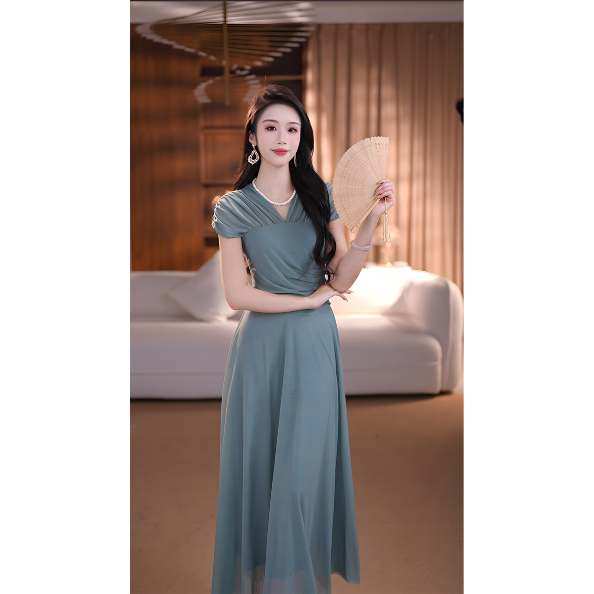 【依伊】墨琅灰绿夏季女装大摆裙拼接纯色法式性感风连衣裙长款