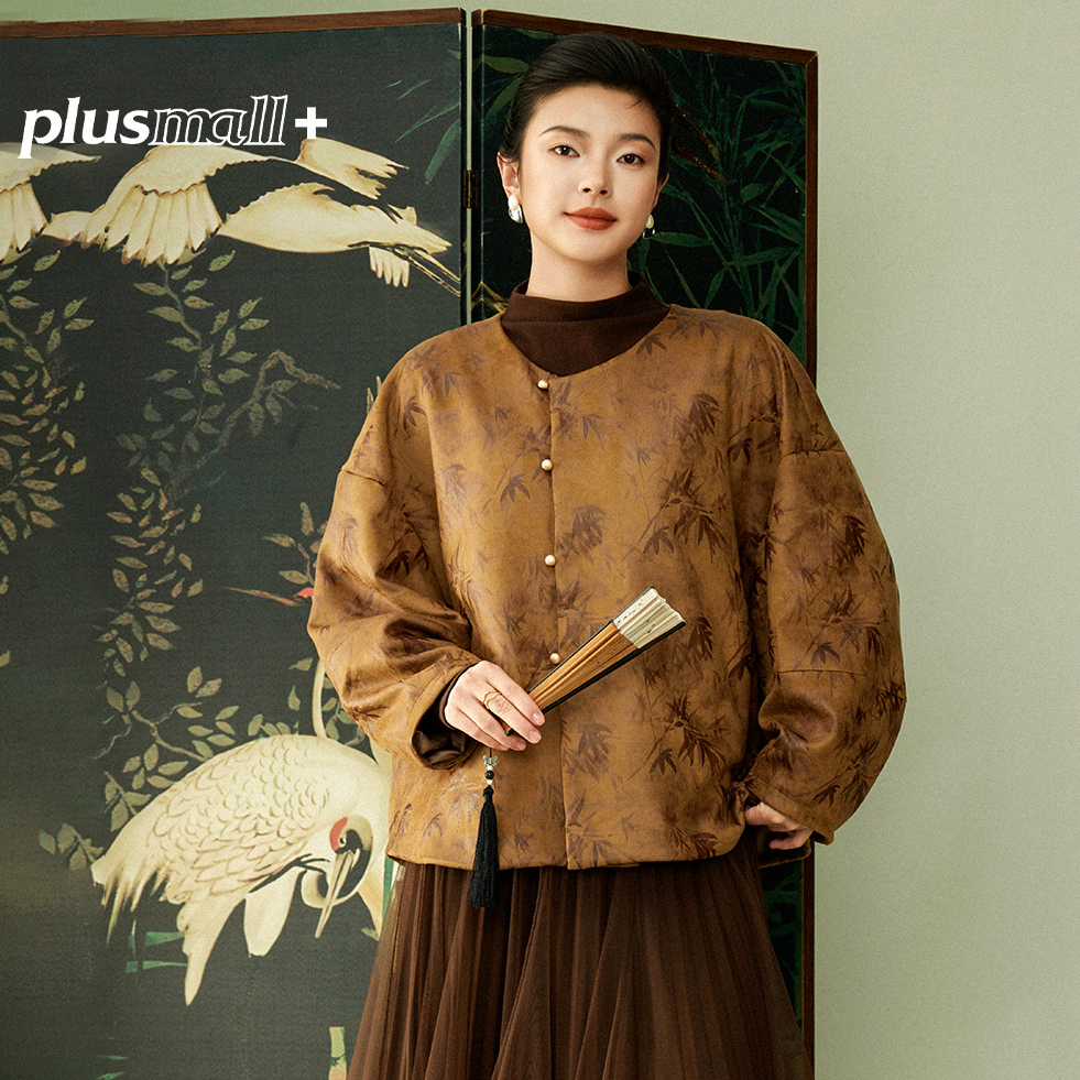 PLUSMALL 茶染梧桐 仿皮印花国风新中式宽松圆领外套PM2509224
