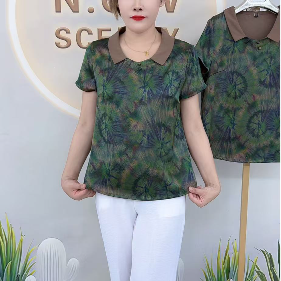 拼色娃娃领显瘦高档妈妈衫中老年女装妈妈装妈妈风减龄上档次
