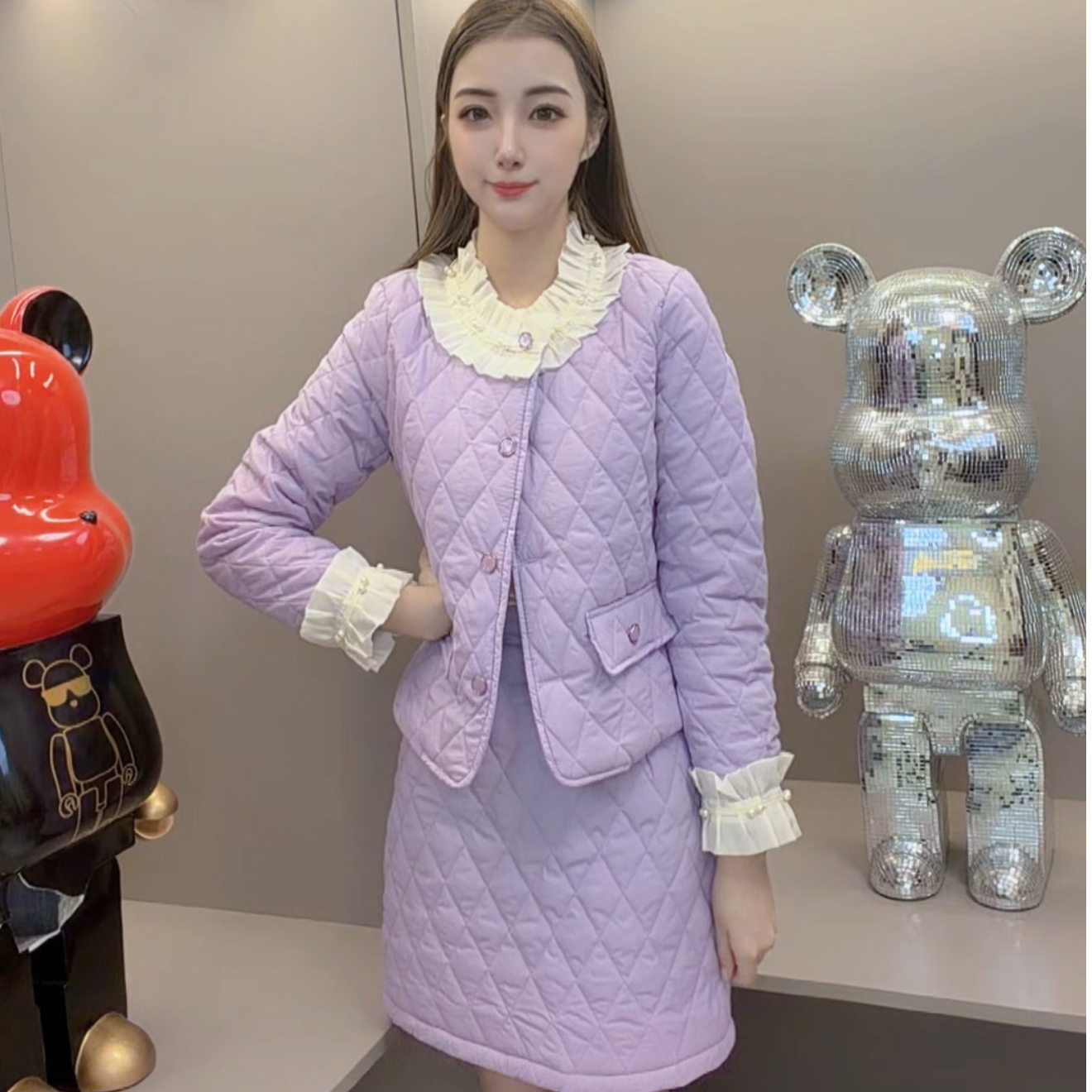 2025冬季新款加棉珍珠领拼接款外套+半身裙两件套时尚显瘦