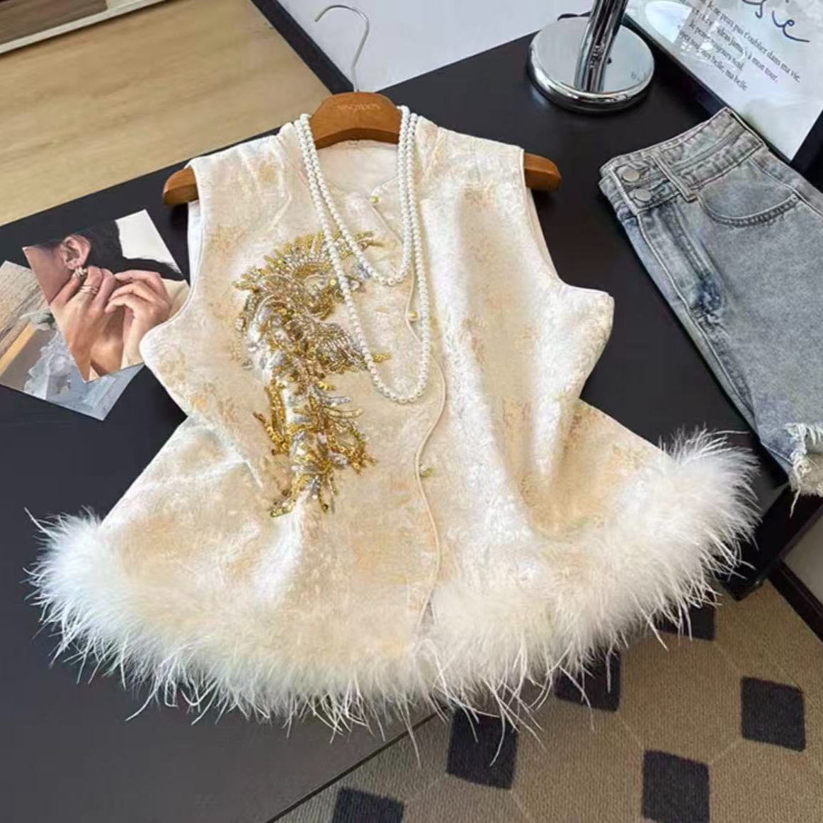 【加棉加厚】新中式重工亮片刺绣提花马甲2025秋冬款国风拼接鸵鸟毛