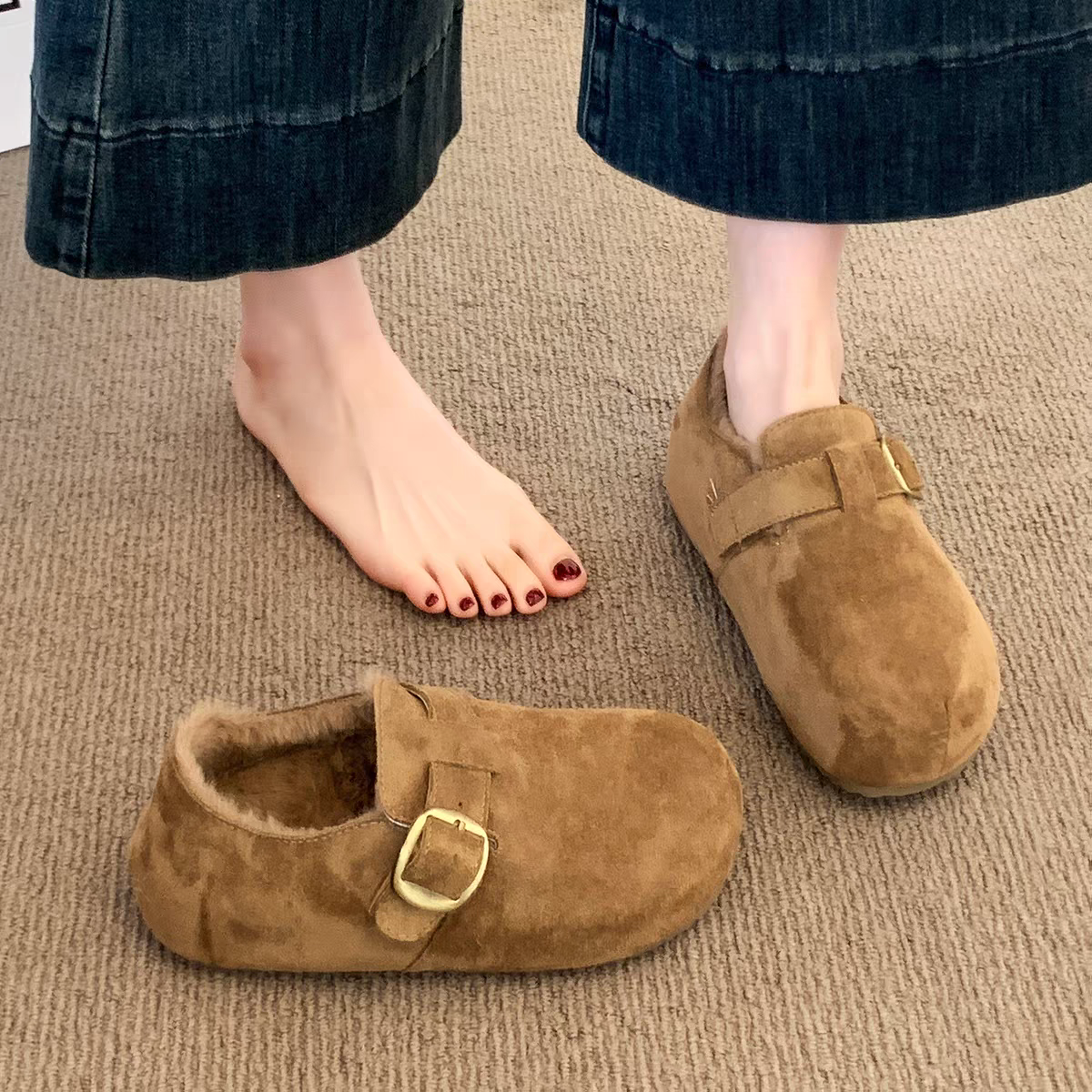 薄底全包勃肯鞋平底低跟加绒保暖豆豆鞋2026