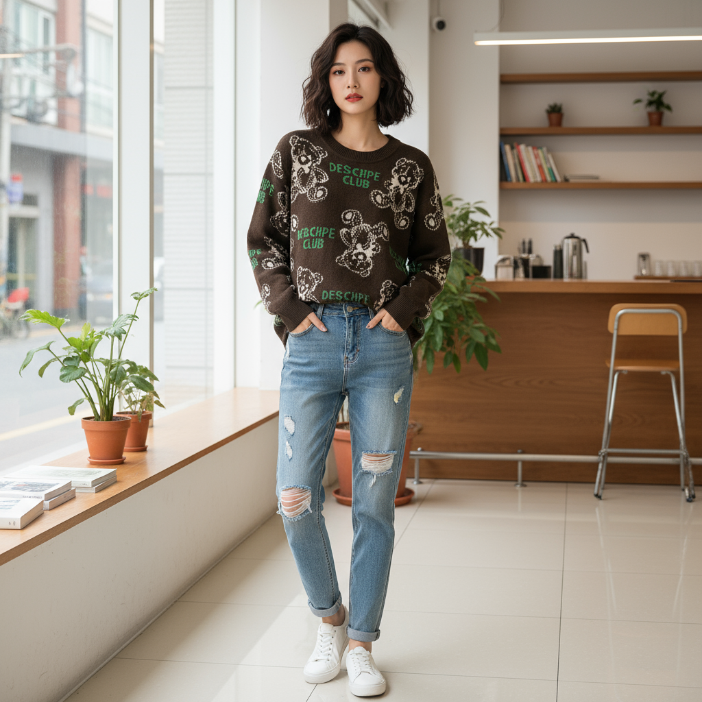 咖色【烫钻浣熊毛衣】秋冬新款加厚加软细毛针织毛衣