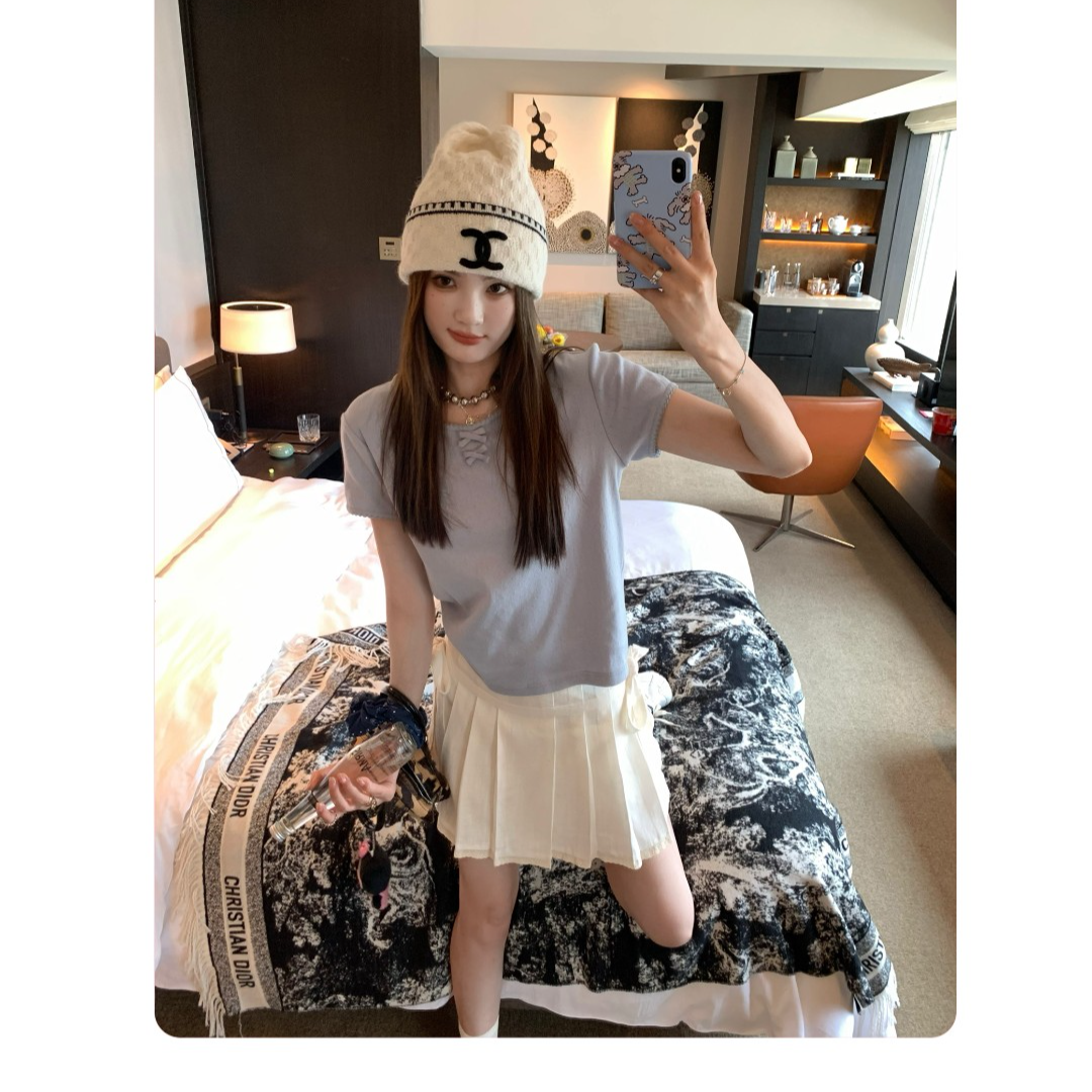 aaaaxbbb 海德恋旅人 亚麻半身裙两色入短裙女绑带设计百褶裙折扣