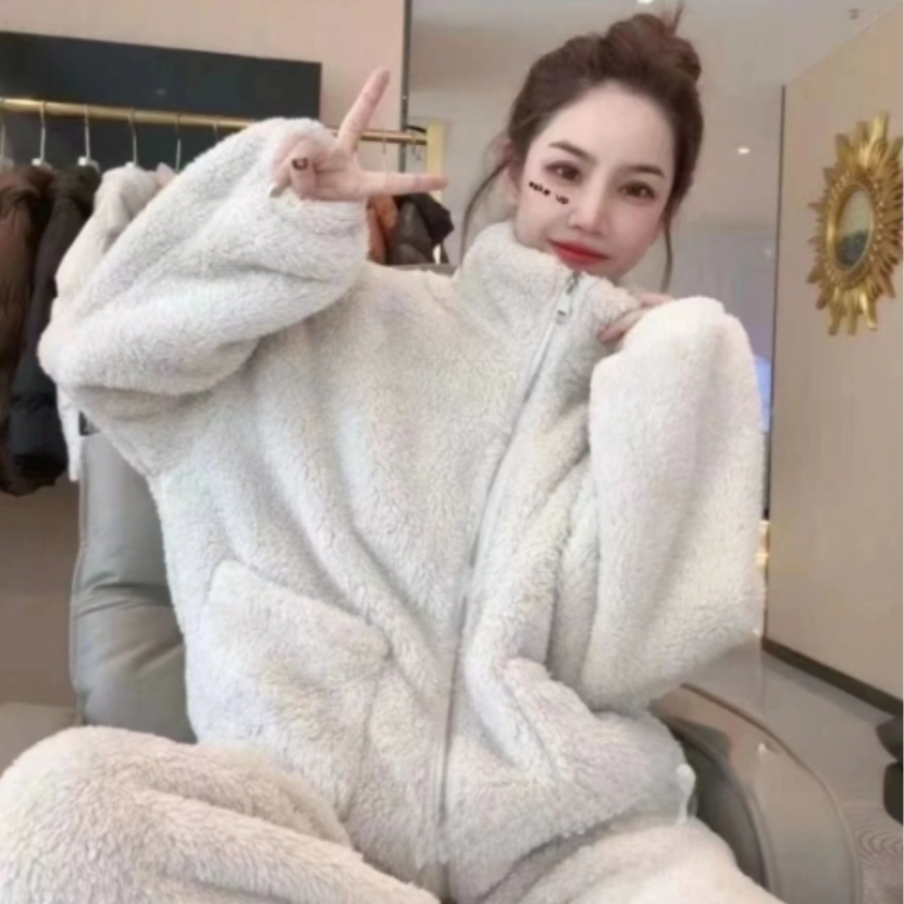 【普通款】1秋冬睡衣女士加绒加厚冬季高领保暖拉链休闲家居服套装