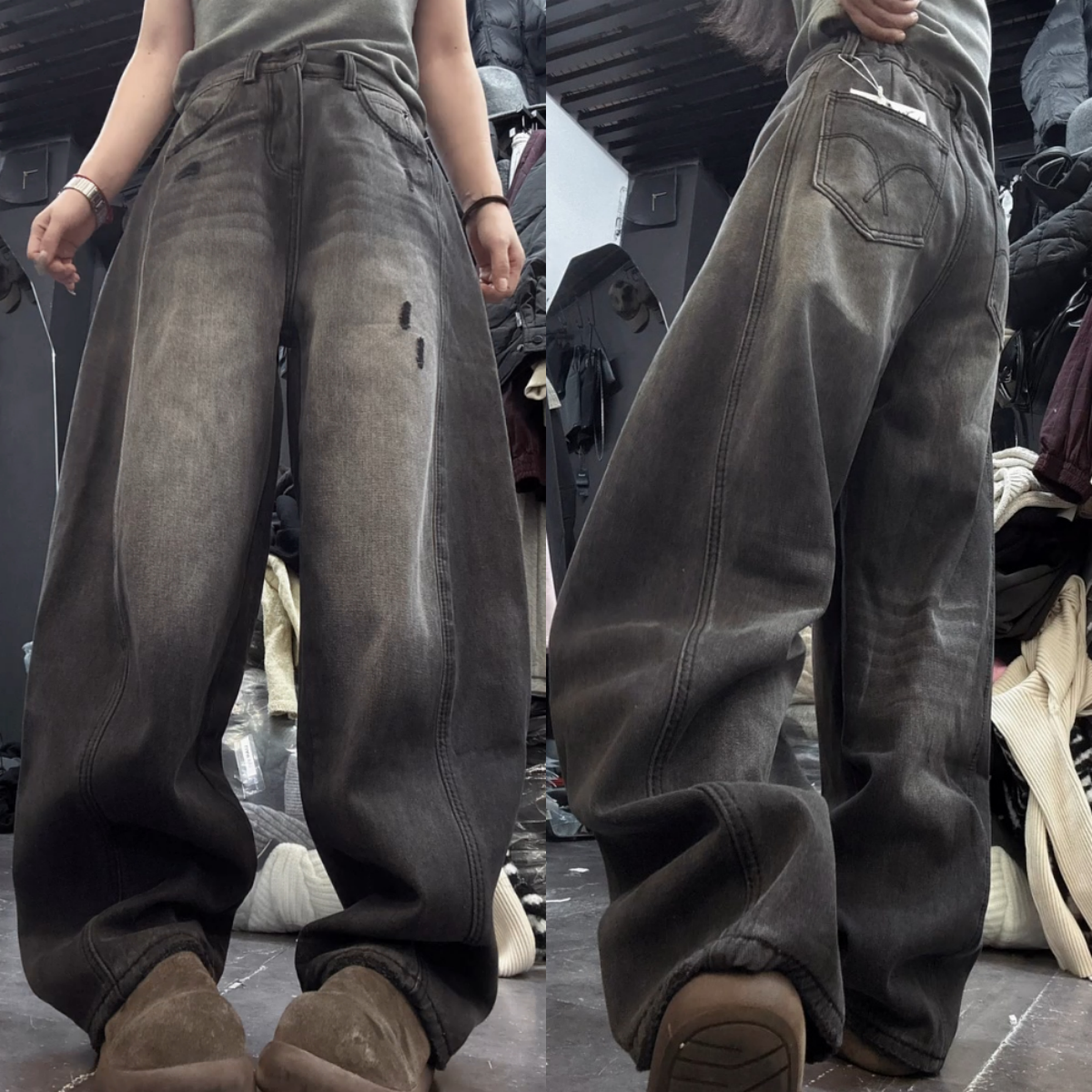 做旧破洞设计弯刀牛仔裤2025年冬季新款加绒显瘦窄版阔腿裤