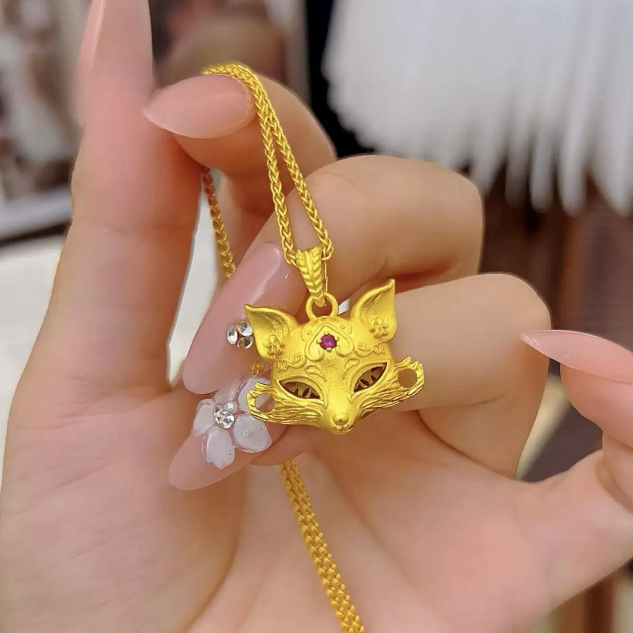 铜合金合成锆石吊坠 新中式九尾幻面狐狸吊坠项链灵狐面具锁骨链