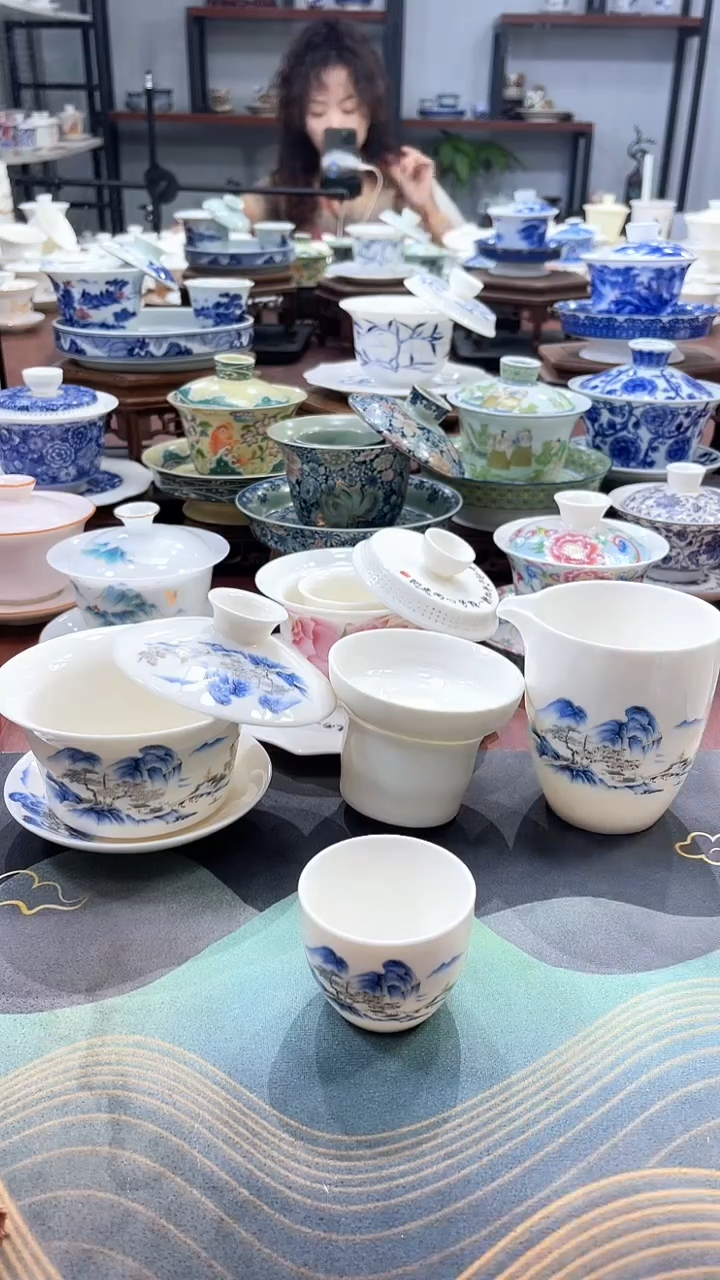 【闪购商品】大号小桥流水盖碗4杯套装