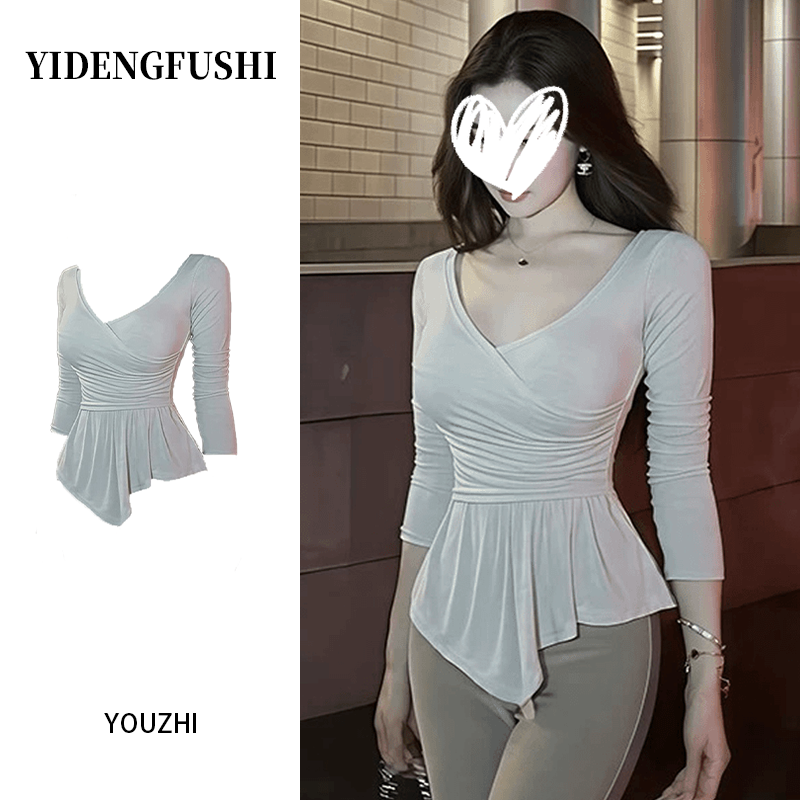 YIDENG纯欲风交叉V领不规则T恤女早秋新款辣妹修身显瘦气质打底衫