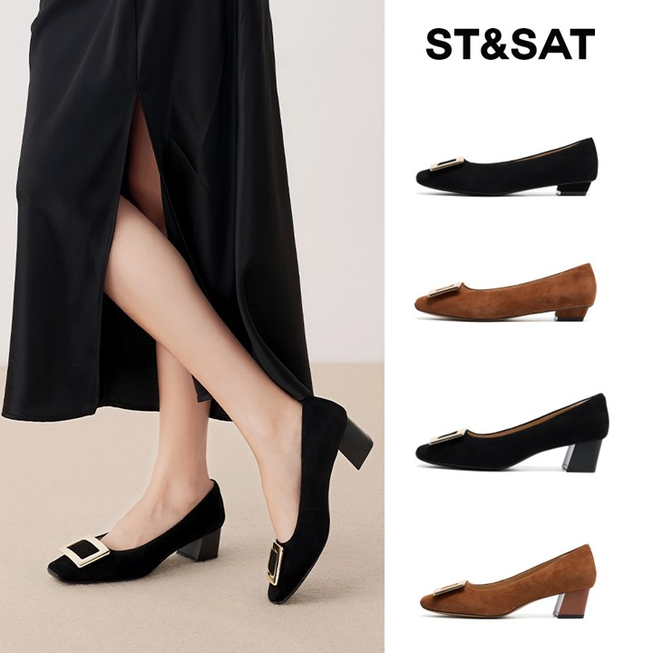 【华丽金扣】星期六新款女鞋子通勤百搭金属扣高低跟单鞋SSD3111129