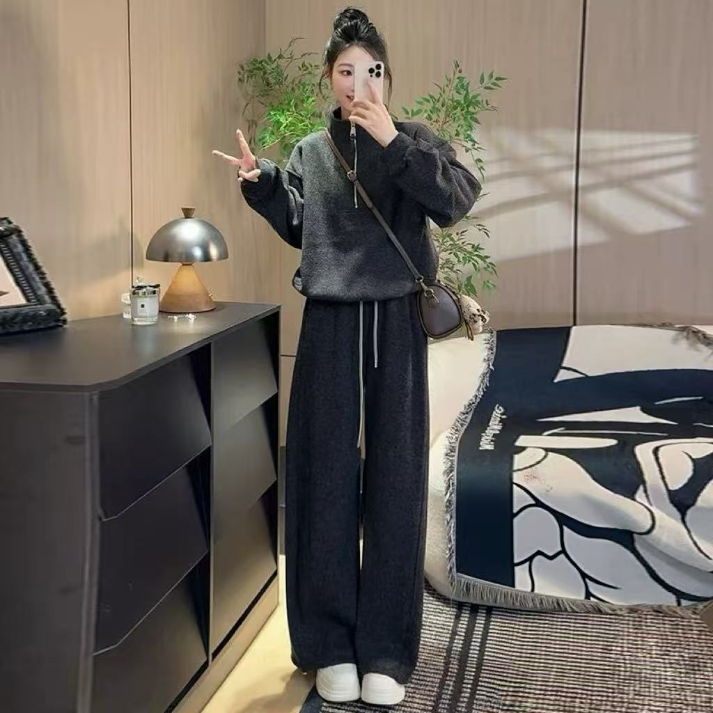 秋冬新款加绒加厚拉链高领外衣显瘦弯刀裤两件套套装