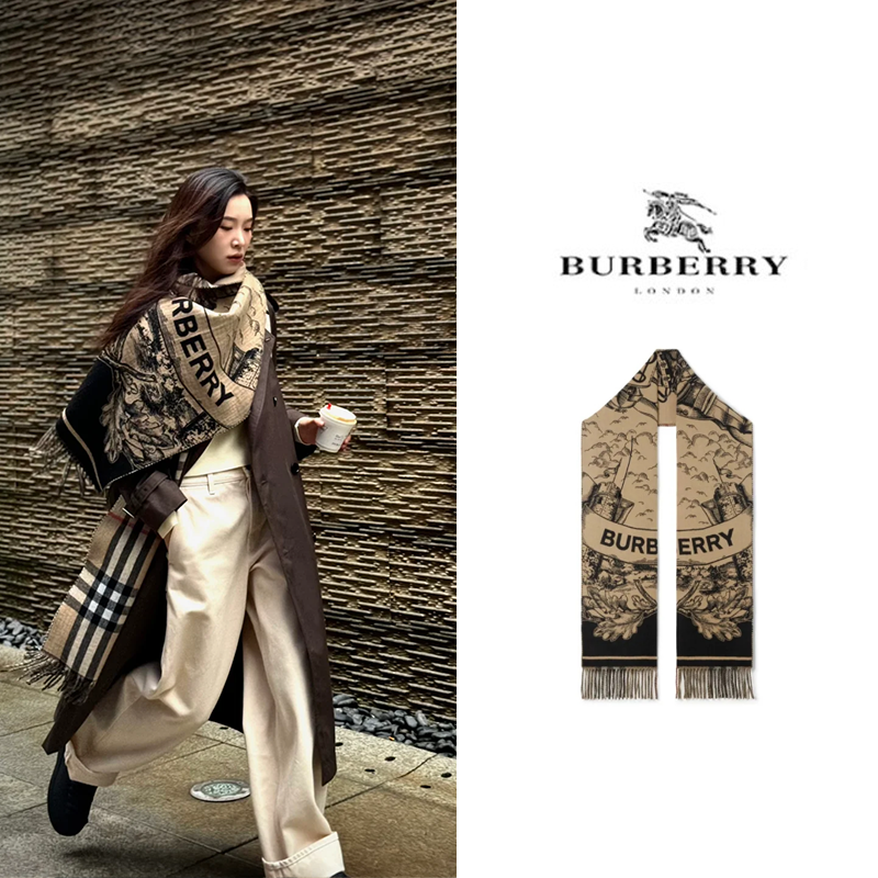Burberry博柏利 马术骑士徽标双面羊绒提花绒线围巾 浅色/深色