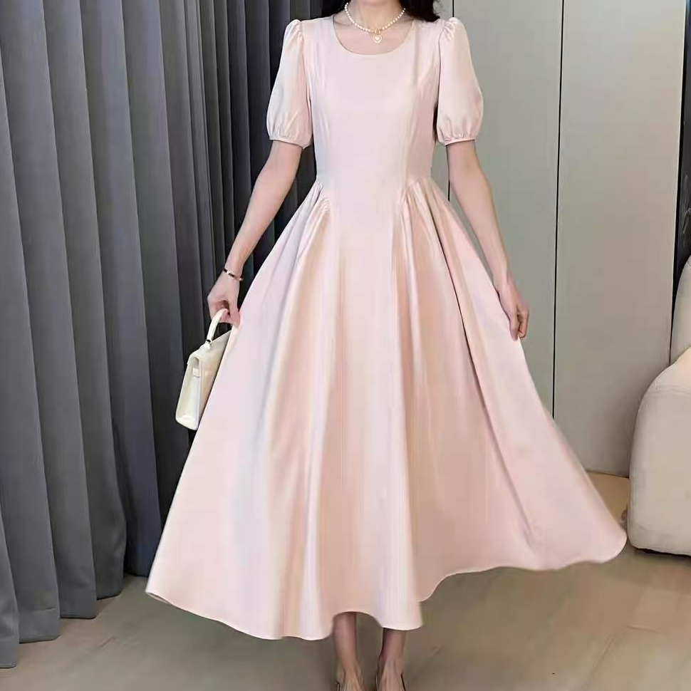 韩系简约百搭方领纯色连衣裙H6755