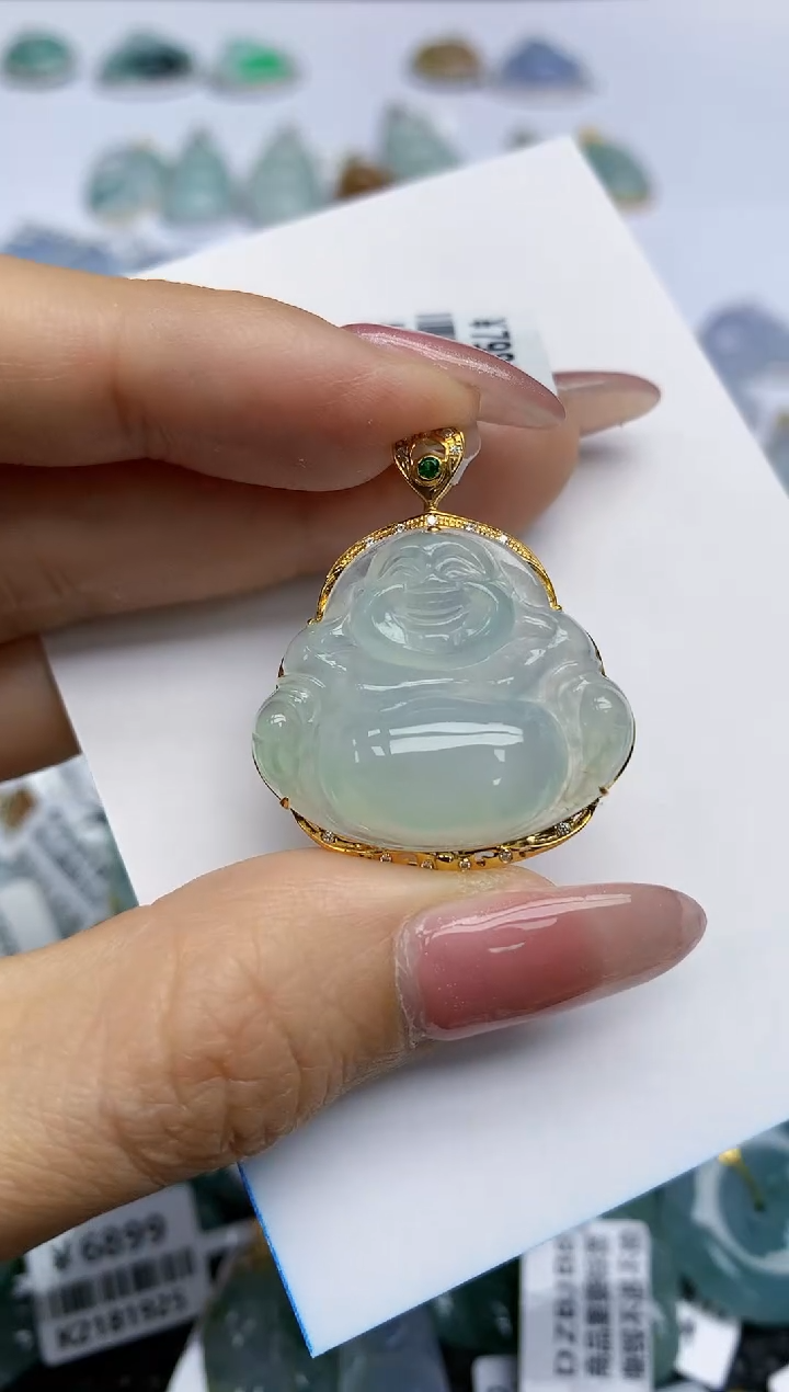 【闪购商品】翡翠挂件18K金镶嵌天然翡翠A货