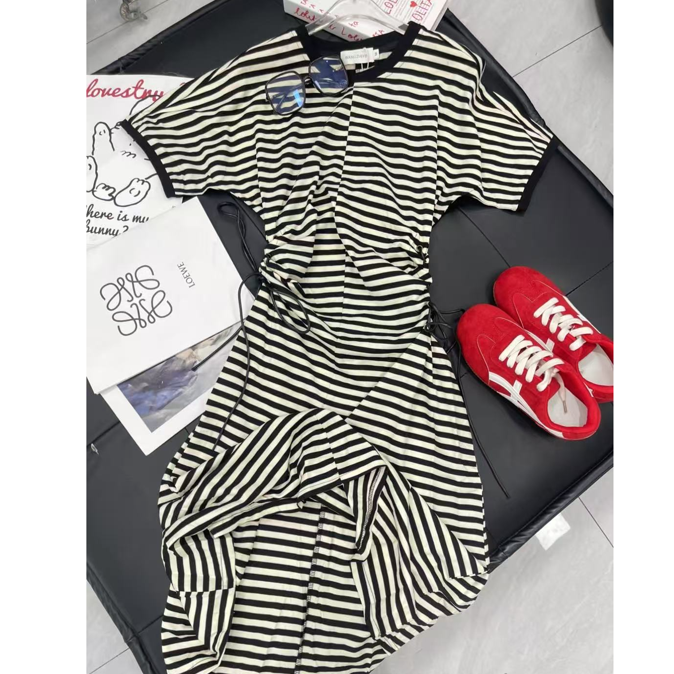 女装新款休闲条纹高级感收腰简约中长裙圆领T恤裙子 0012