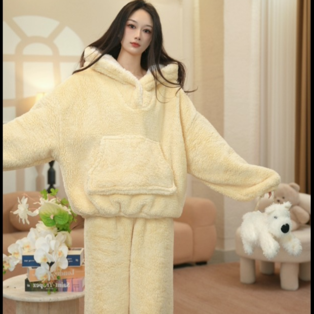 【高品质小鸡黄】秋冬毛绒加厚新款睡衣慵懒风厚款连帽可家居可外穿