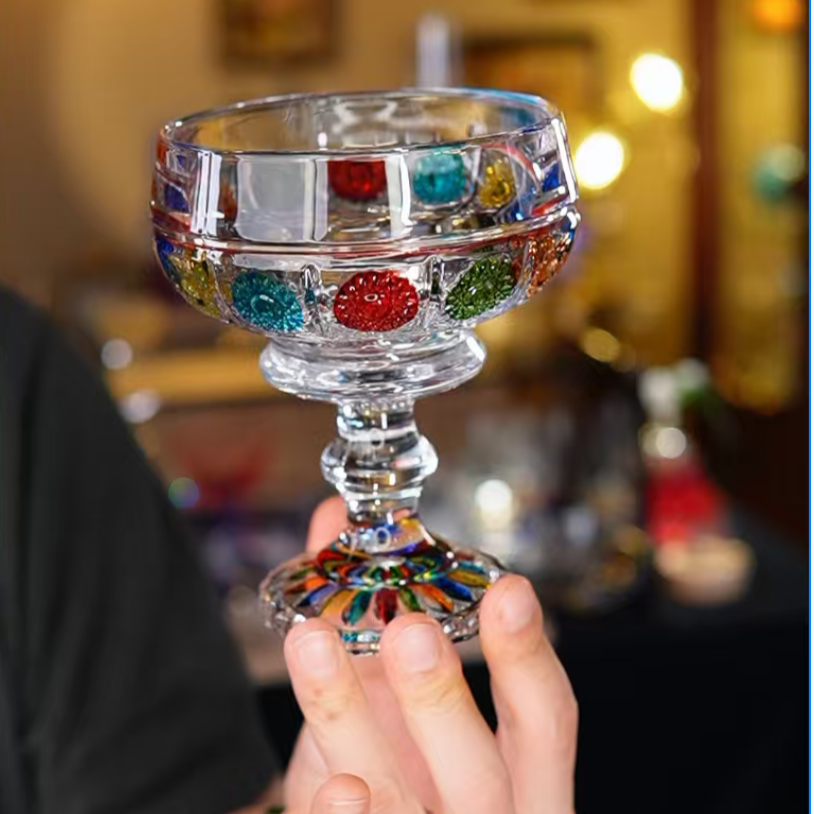 创意水晶玻璃彩绘复古单太阳花高脚果斗干果盘冰激凌碗水果沙拉碗
