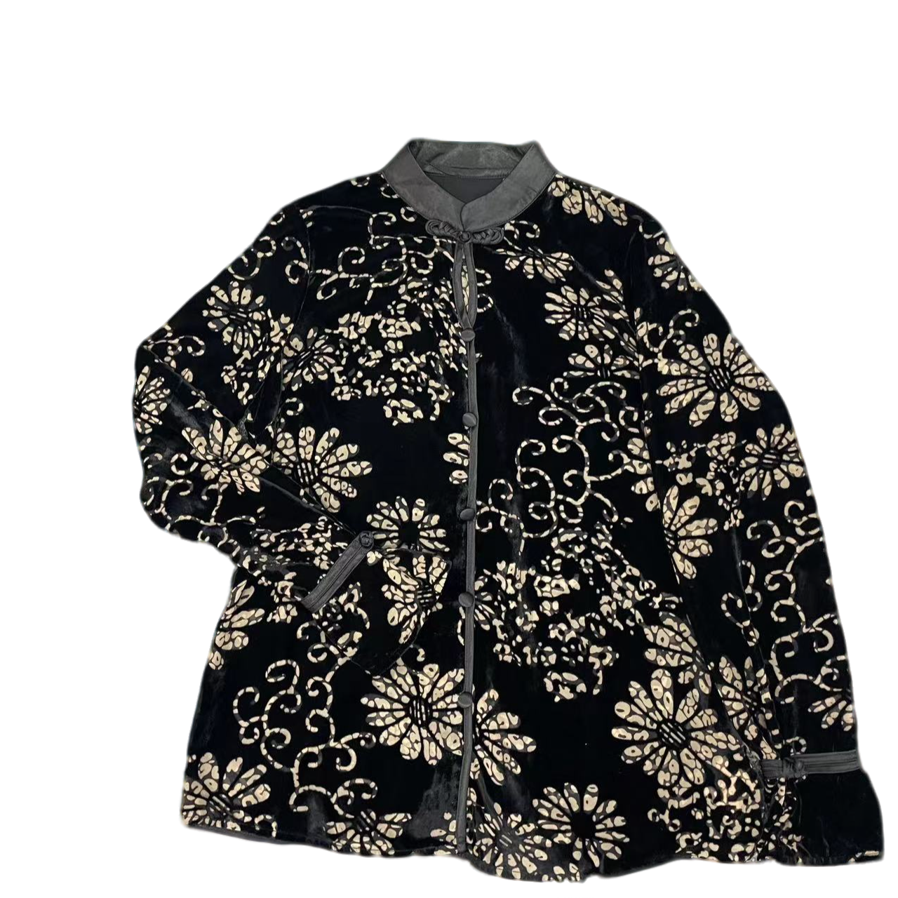 93027中式真烧花丝绒长袖小衫