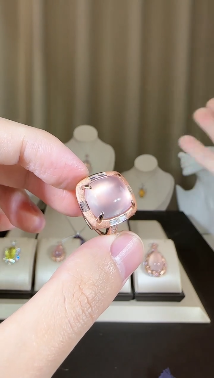 【闪购商品】芙蓉石戒指银S925镶嵌14*12mm星光粉水晶