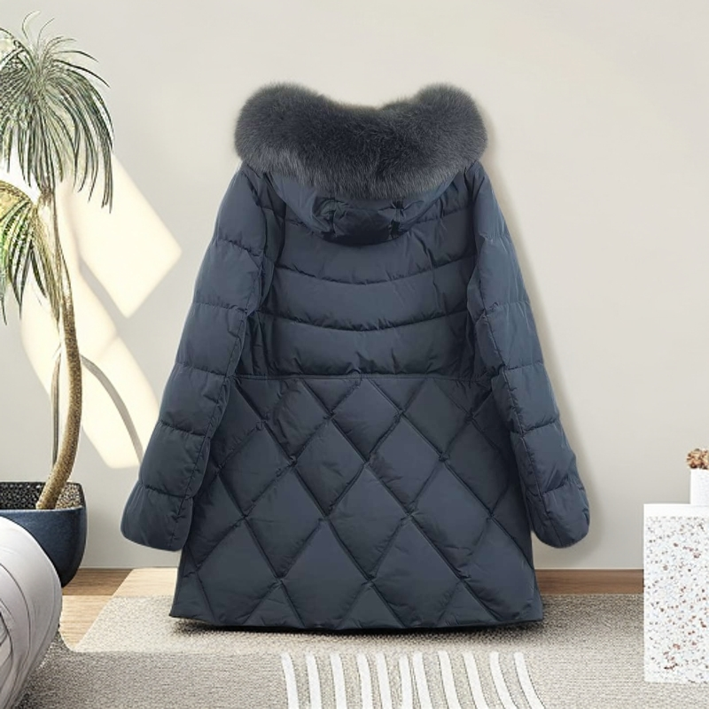 【韩国设计师衣吧】冬季新款高级洋气毛领中长款鸭绒服