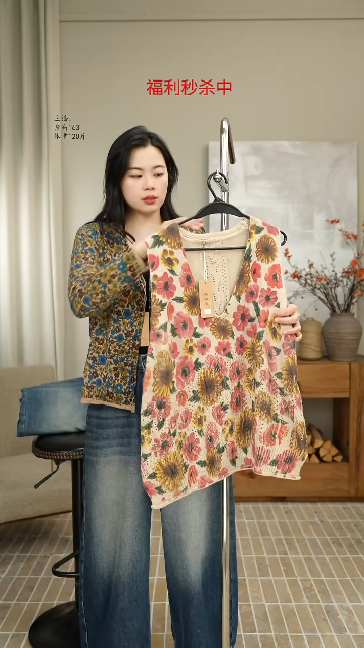 8010杏底粉花针织马甲（130斤）
