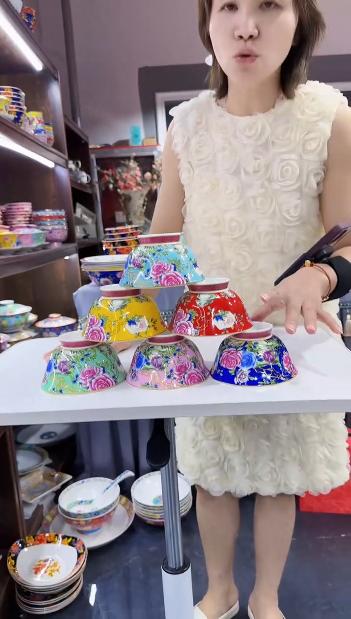 珐琅 4.7英寸花口碗6个景德镇陶瓷混色  