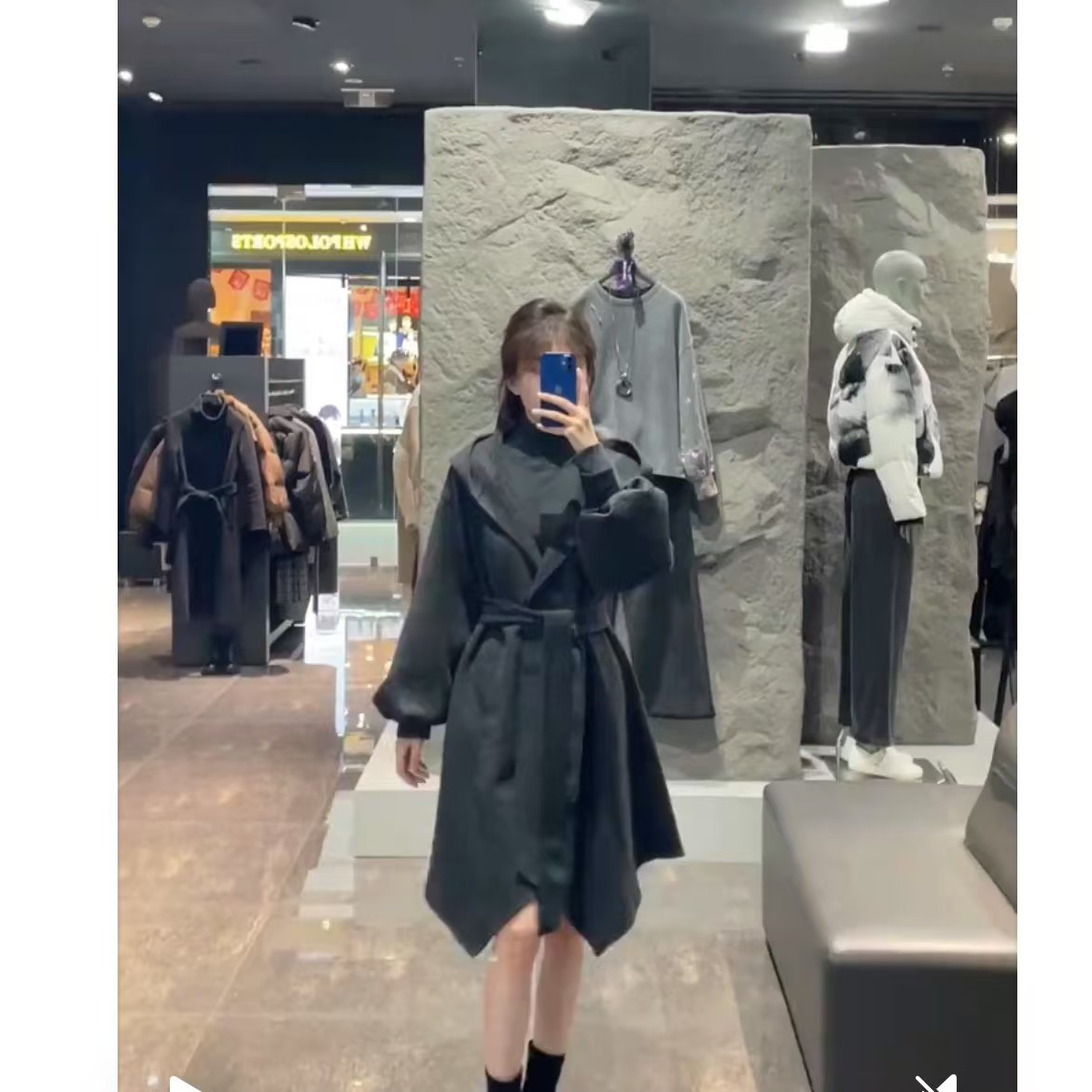 圣迪奥秋冬时尚格纹连帽休闲中长款不规则毛呢下摆大衣S224Z2502