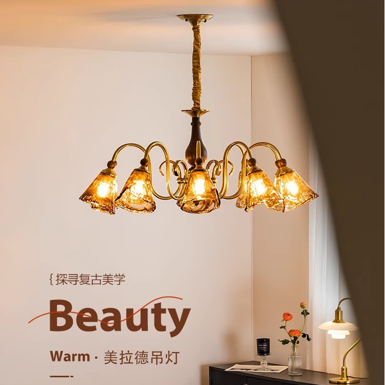中古风客厅吊灯胡桃木美式复古大厅主灯琥珀玻璃吊灯实木卧室吊灯