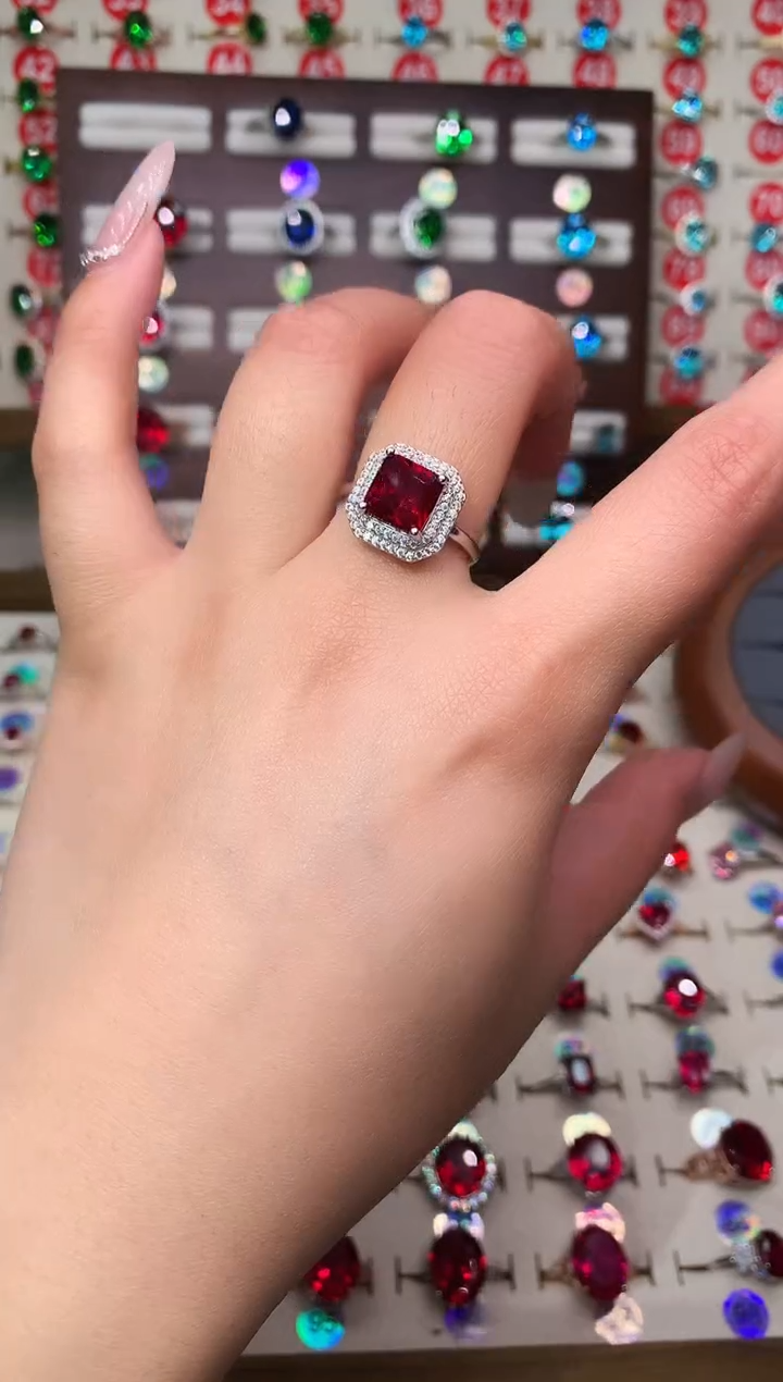 银S925镶嵌戒指红宝石方8*8 酒红 银托