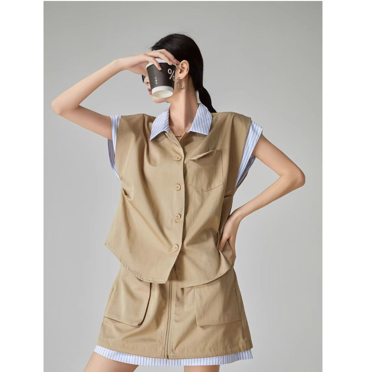 条纹拼接假两件无袖马甲套装  BSS59003  