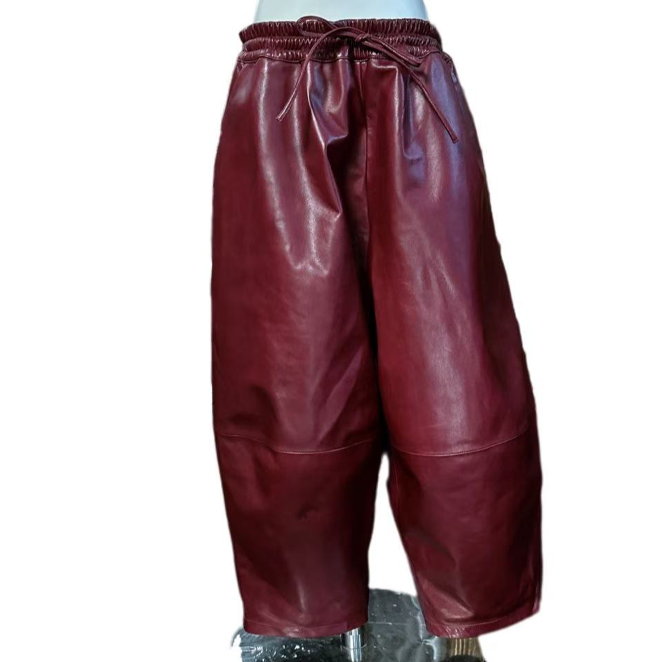 网红宽松时尚抽绳系带休闲松紧腰哈伦皮裤