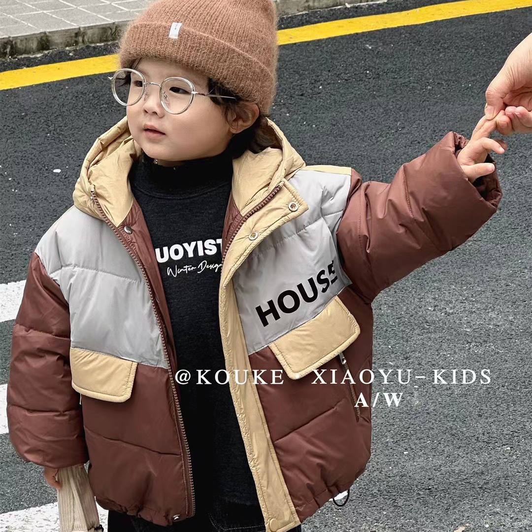 【实体品牌KKXY】冬季男童韩版连帽字母印花拼色羽绒服 加厚90羽羽