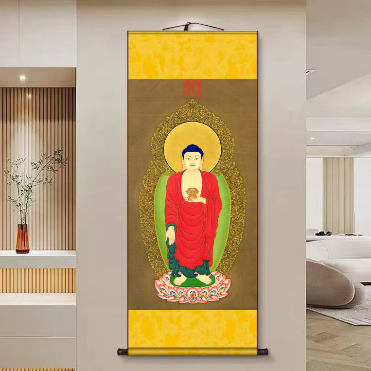 【大日如来佛】140*45新中式竖幅实木卷轴挂画客厅书房茶室玄关挂画