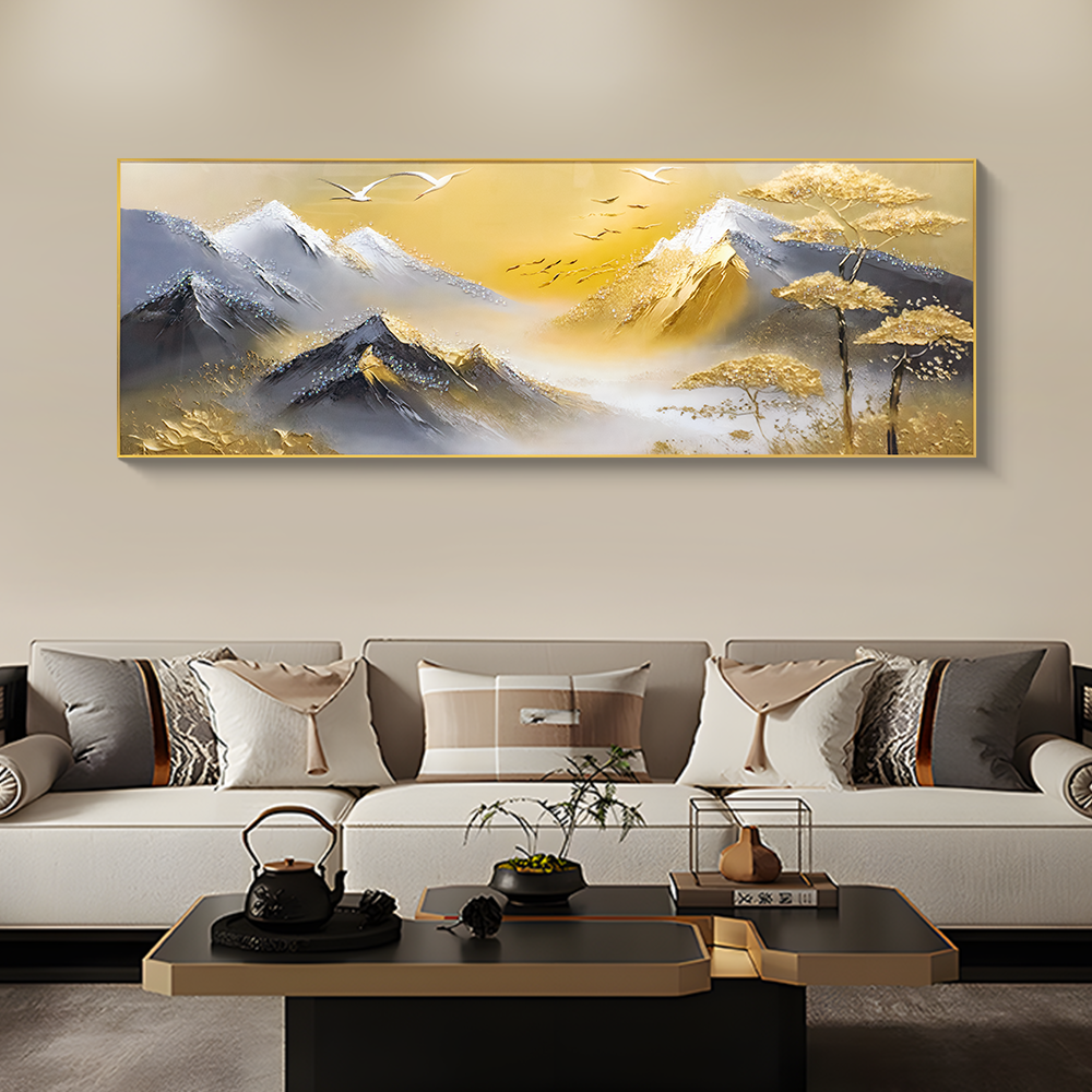 益师傅手工镶钻装饰画横版高级感沙发背景墙挂画日出背有靠山A157