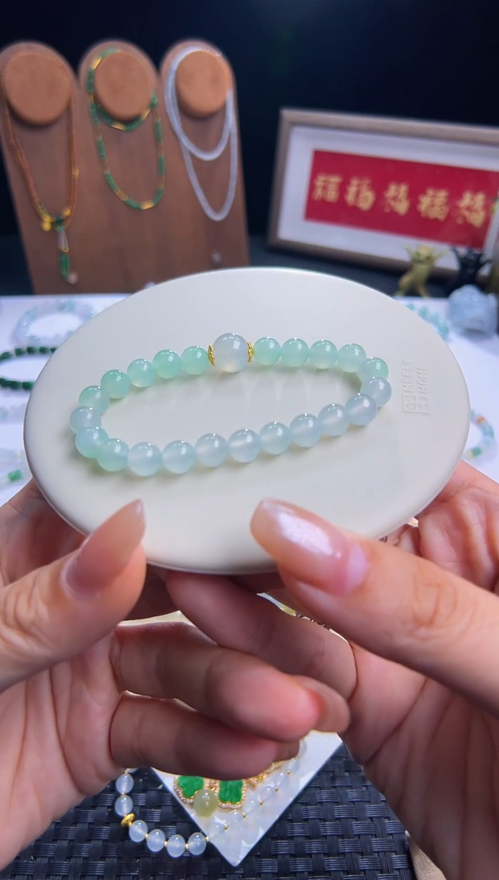 足金镶嵌手串翡翠白冰渐变冰甜绿！卡7到10圆珠设计款！高货大漏！