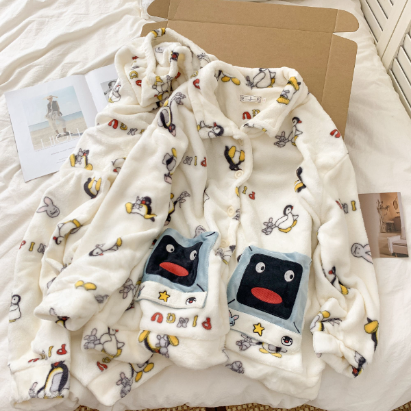 pingu企鹅秋冬季女款睡衣加厚保暖法兰绒长袖长裤甜美家居服套装